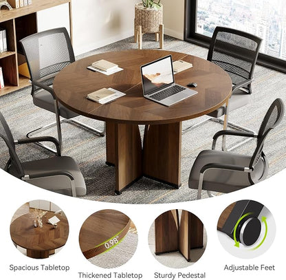 LITTLE TREE 39-Inch Conference Table for 4, Round Meeting Table with X-Shape Pedestal, for Office, Conference Room, Small Spaces, Dark Brown