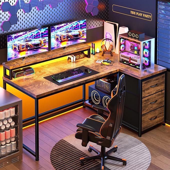 EnHomee 48" L-Shaped Computer Desk with 3 Drawers, 35.4" Monitor Riser, RGB LED Lights,3 AC outlets & 1 Type-C Charging Station, Reversible Corner Gaming Desk for Home Office, Study Room,Rustic Brown