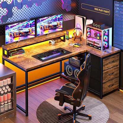 EnHomee 48" L-Shaped Computer Desk with 3 Drawers, 35.4" Monitor Riser, RGB LED Lights,3 AC outlets & 1 Type-C Charging Station, Reversible Corner Gaming Desk for Home Office, Study Room,Rustic Brown