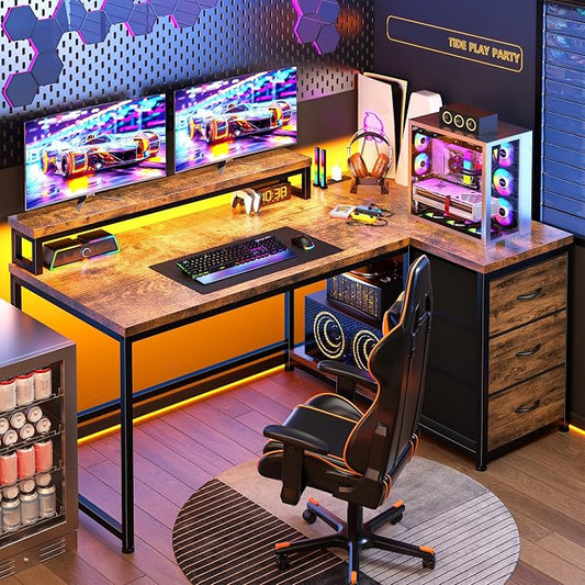 EnHomee 48" L-Shaped Computer Desk with 3 Drawers, 35.4" Monitor Riser, RGB LED Lights,3 AC outlets & 1 Type-C Charging Station, Reversible Corner Gaming Desk for Home Office, Study Room,Rustic Brown