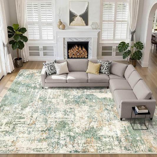 12x18 Area Rug Living Room: Washable Large Abstract Soft Green Rug Stain Resistant Indoor Floor Non-Slip Accent Carpet for Men Modern Home Enthusiasts Aged 25-45 - Bedroom Office Playroom