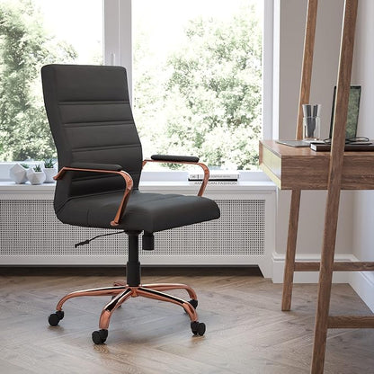 EMMA + OLIVER Faux Leather High-Back Swivel Home Office Desk Chair with Wheels, Padded Seat, and Armrests, Adjustable Height Multipurpose Office Chair, Black/Rose Gold