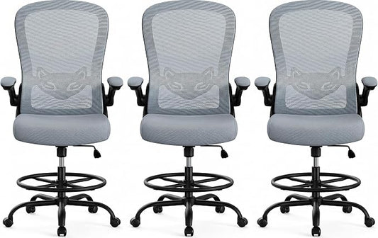 ErGear Drafting Chair,Tall Office Chair with Flip-Up Armrests, High Desk Chair Adjustable Height and Adjustable Footrest Ring, Ergonomic Standing Desk Chair with Lumbar Support, Blue,3 Pack