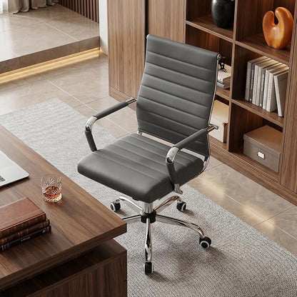 Okeysen Grey Office Desk Chair, Ergonomic Leather Modern Conference Room Chairs, Executive Ribbed Adjustable Swivel Rolling Chair for Home Office.