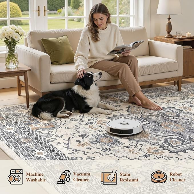 UERMEI 8x10 Area Rug Living Room Rugs - Washable Vintage Soft Large Rug Indoor Floor No Slip Rug Carpet for Bedroom Farmhouse Under Dining Table Home Office Decor - Grey-Orange