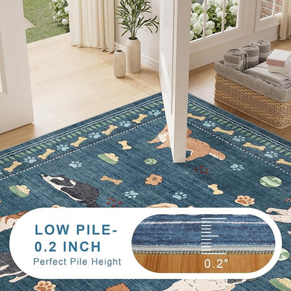DUKINO 5x7 Rug for Living Room, Lightweight Animal Dog Print Washable Area Rug, Soft Non Slip & Low Pile Floor Mat, Stain Resistant Large Carpet for Bedroom, Nursery, Dining Room, Kids Playroom, Blue