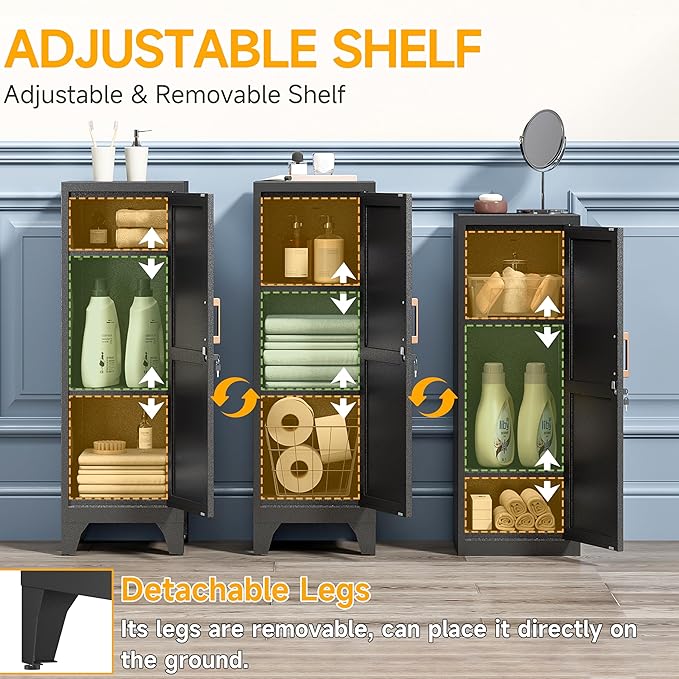 46"H Black Metal Locker with 1 Lockable Door and 2 Adjustable Shelves For Employees, 3 Tier Small Storage Cabinet with Detachable Legs and Vintage Handle for Kitchen,Office,Gym,School,Easy Assembly