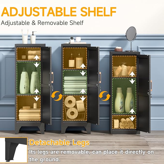 46"H Black Metal Locker Set of 2,Small Locking Cabinet with 1 Door and 2 Adjustable Shelves For Employees,3 Tier Small Storage Cabinet with Detachable Legs for Kitchen, Office,School,Gym,Easy Assembly