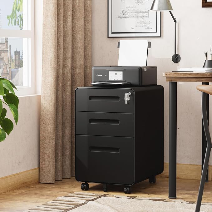 3 Drawers File Cabinet, Mobile Filing Cabinet with Lock, with 25 File Folders, Steel, Fully Assembled Except Casters, for Home Office, Black