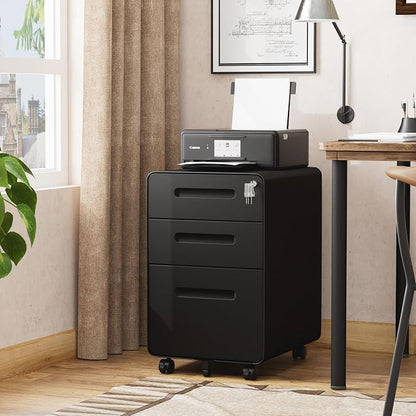 3 Drawers File Cabinet, Mobile Filing Cabinet with Lock, with 25 File Folders, Steel, Fully Assembled Except Casters, for Home Office, Black