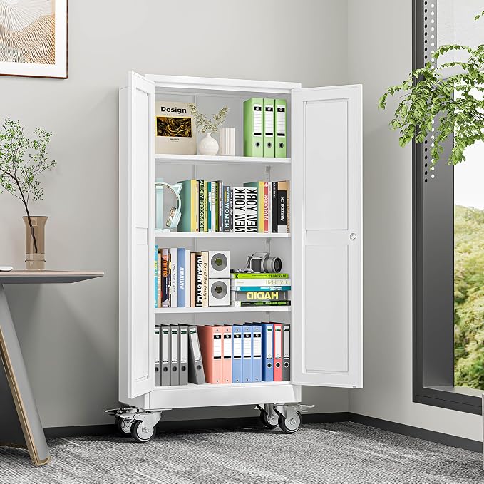 winiowa 61" Tall Metal Garage Storage Cabinet with Wheels, Steel Locking Rolling Tool Cabinet with 3 Adjustable Shelves for Garage,Home,Office (White)