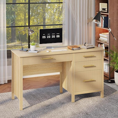 Modern Executive Desk with Drawers: 55" Oak Home Office Desks with File Drawers, Fluted Desk with Storage, Wood Computer Desks for Work, Study and Living Room (Oak, 54")