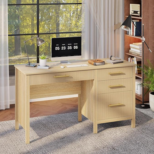 Modern Executive Desk with Drawers: 55" Oak Home Office Desks with File Drawers, Fluted Desk with Storage, Wood Computer Desks for Work, Study and Living Room (Oak, 54")