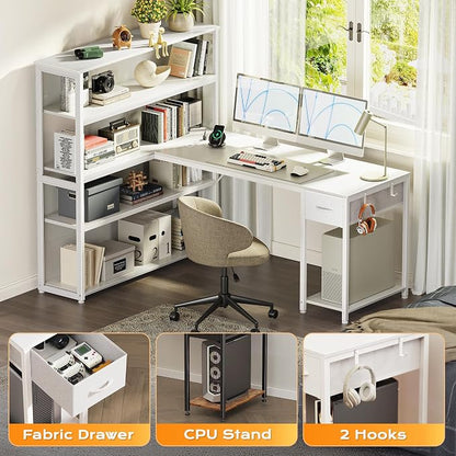 PRAISUN 57 Inch L Shaped Gaming Computer Desk with Larger Open Cabinet, Reverisble Office Desk with Power Outlets, LED Lights, Work Desk, Fabric Drawer, Adjustable Wood and Mesh Shelf, White
