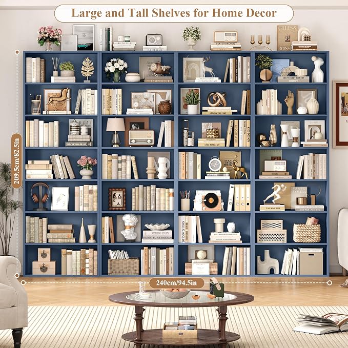 FACBOTALL 82" Tall Bookshelf Set of 2, 7-Tier Double Open Shelves Bookcase,Freestanding Display Storage Shelves, Tall Bookcase Home Decor Furniture for Home Office,Living Room,Bedroom, Blue