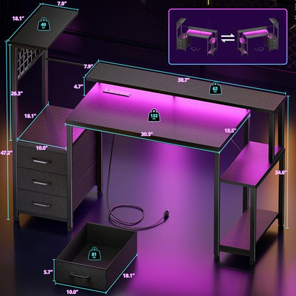 Korfile 48 Inch Gaming Desk with LED Lights & Power Outlets,Computer Desk with Fabric Drawers & Side Hook,Reversible Gamer Table with Monitor Stand for Game Room,Home Office,Carbon Fiber Black