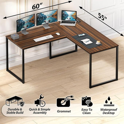 SHW Mission 55 x 60 Inches L-Shape Home Office Computer Desk, Walnut