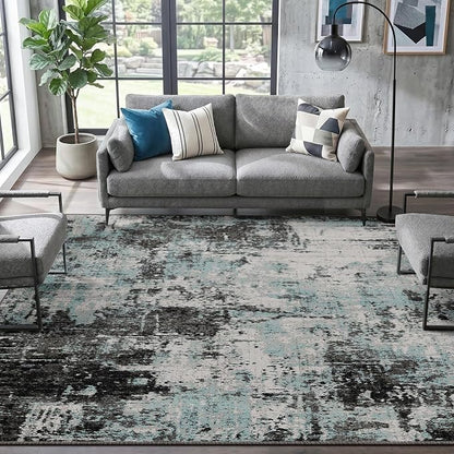 RELEANY Washable Area Rugs 8'x10' Non-Slip Modern Abstract Soft for Living Room Entryway Bedroom Kitchen, Print Pattern, Blue Black Teal