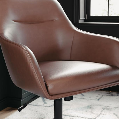 Martha Stewart Rayna Swivel Task Chair with Flared Arms for Home Office in Saddle Brown Faux Leather with Oil Rubbed Bronze Frame