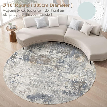 UERMEI 10ft Round Area Rug Living Room Rugs - 10x10 Washable Large Neutral Modern Abstract Soft Thin Rug Indoor Floor No Slip Rug Carpet for Bedroom Under Dining Table Home Office Decor - Blue Grey