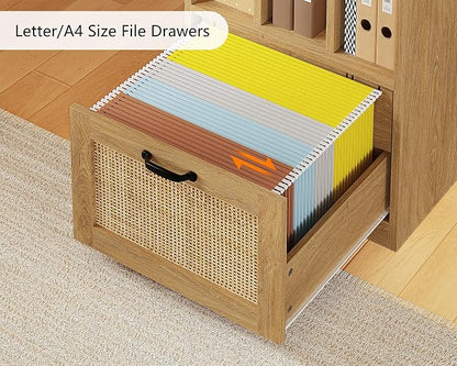 YOMILUVE 63" L Shaped Desk with Drawers, Farmhouse Corner Computer Desk with Power Outlets, Storage Cabinet, Home Office Executive Desk with Long Monitor Stand, Oak/Rattan