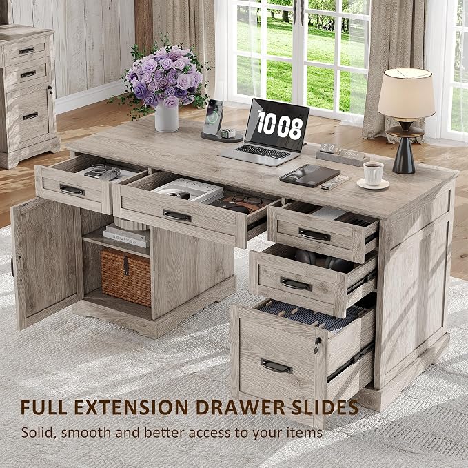 Whalefall 55'' Farmhouse Desk Home Office with Drawers, Light Gray | Executive Computer Desk with File Cabinet and Charging Station, Wooden Small Desk with Locking Drawers Storage