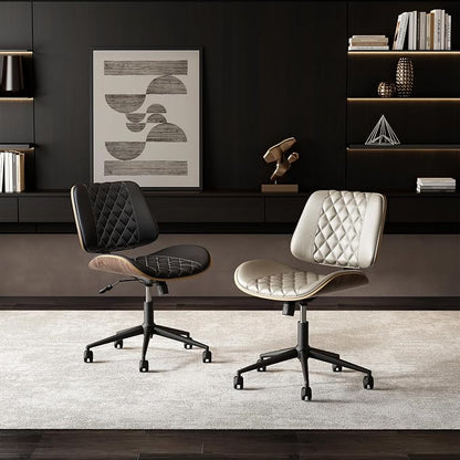 Home Office Chair No Arms with Wheels, Armless Adjustable Height Small Desk Chair, Armless PU Leather Computer Chair Mid Back 360 Swivel, Modern Walnut, Reading Meeting Room (Brown)