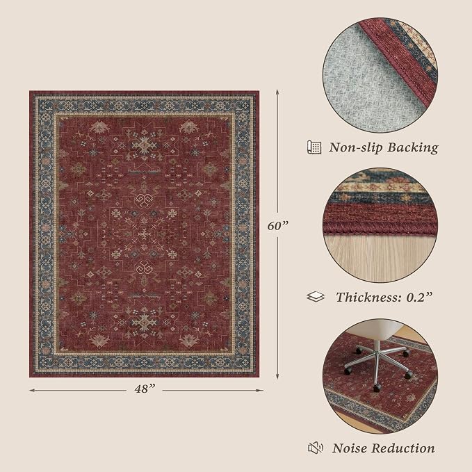 Turkish Boho Office Chair Mat for Hard Wood Floors, Burgundy Anti-Slip Floor Protector for Heavy Duty Computer Chair, 48"x60" Low Pile Under Desk Rug, Easy to Clean