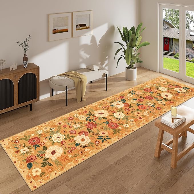 DUKINO 2.6x12 Kitchen Runner Rug, Lightweight Floral Washable Rug for Hallway, Boho Low Pile & Non Slip Backing Soft Floor Carpet for Entryway, Bedroom, Bathroom, Laundry, Orange