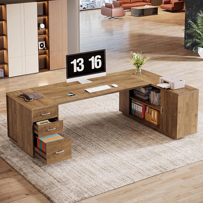 Tribesigns 85.8-Inch L-Shaped Executive Desk with File Drawers, Door Cabinet & Shelves, Extra Large Commercial Office Desk, Modern Professional Office Table, Business Furniture, Natural Oak