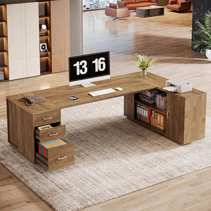 Tribesigns 85.8-Inch L-Shaped Executive Desk with File Drawers, Door Cabinet & Shelves, Extra Large Commercial Office Desk, Modern Professional Office Table, Business Furniture, Natural Oak