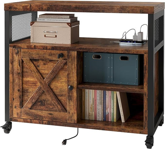 FUSUNBAO Farmhouse Printer Stand with Storage, Printer Table with Charge Station and Wheels, Rolling Printer Cabinet with Shelves, Printer Cart, and File Cabinet for Home Office Storage(Rustic Brown)