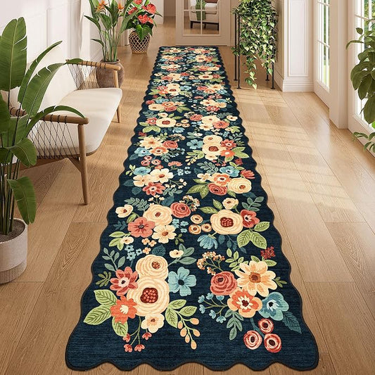 DUKINO 2.6x12 Runner Rug for Hallway, Non Slip Floral Washable Kitchen Rug with Low Pile Design, Boho Stain Resistant Floor Carpet Runner for Entryway, Bathroom, Laundry, Bedroom, Navy Blue