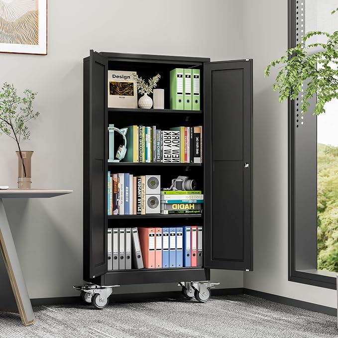 winiowa 61" Tall Metal Garage Storage Cabinet with Wheels, Steel Locking Rolling Tool Cabinet with 3 Adjustable Shelves for Garage,Home,Office (Black)