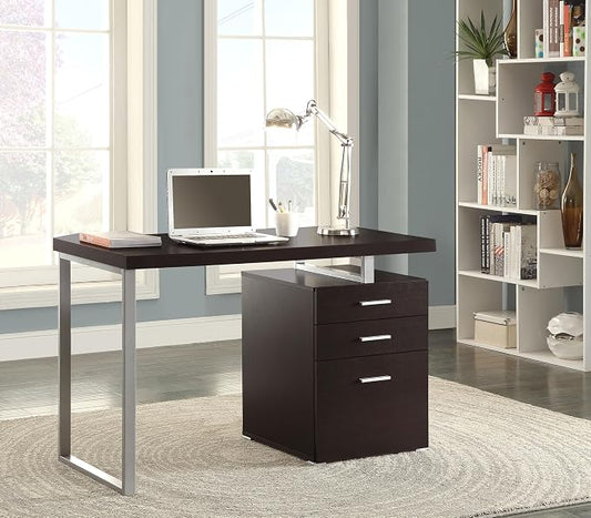Coaster Home Furnishings Brennan Modern Contemporary Home Office 3-Drawer Writing Desk with Drawers Computer Desk Study Table File Cabinet Storage Silver Metal Frame Cappuccino Brown 800519