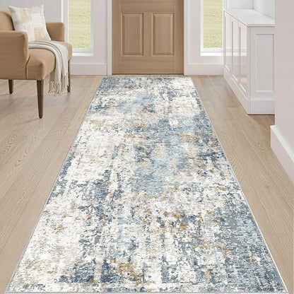 Runner Rug Non Slip Rugs: 3x10 Hallway Kitchen Washable Abstract Soft Modern Stain Resistant Indoor Floor Neutral Accent Throw Carpet for Bathroom Laundry Room Entryway Bedroom- Blue