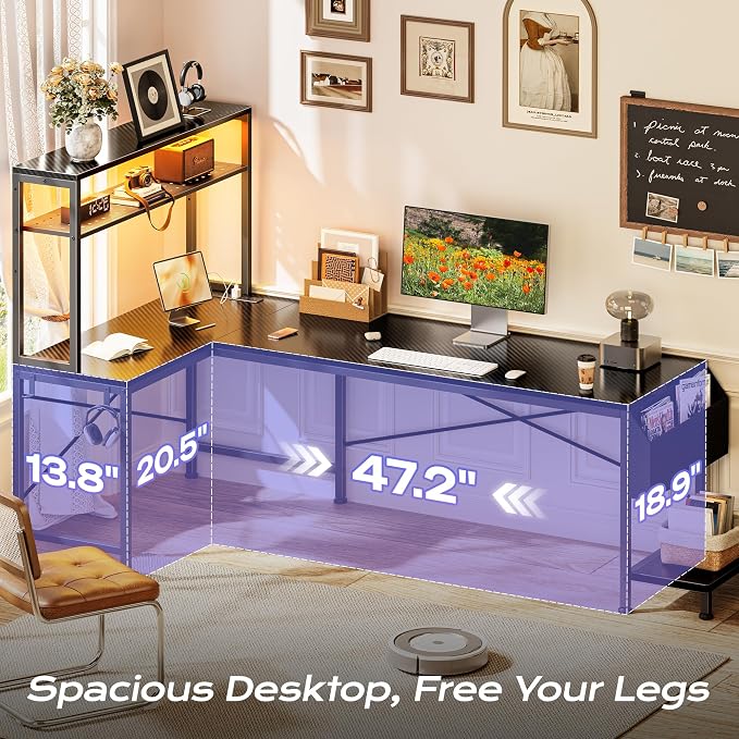 PRAISUN L Shaped Gaming Desk with LED Lights & Power Outlets, Reversible Computer Desk with Storage Shelves & Bag, Large Corner Home Office Desk with Pegboard for Work from Home, Carbon Fiber Black