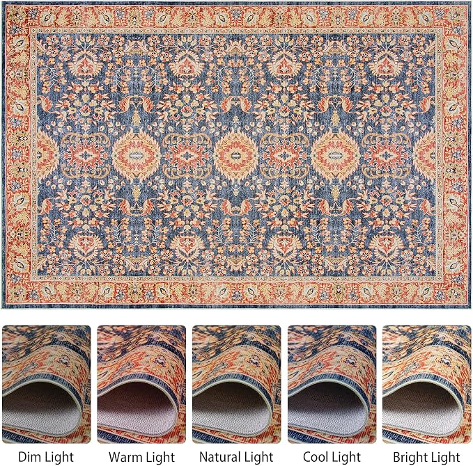 Goideal Washable Rug 8x10, Vintage Area Rugs Non Slip, Indoor Low Pile Carpet with Rubber Backing for Living Room Kitchen Bathroom Entryway Office Bedroom, Navy Blue & Orange