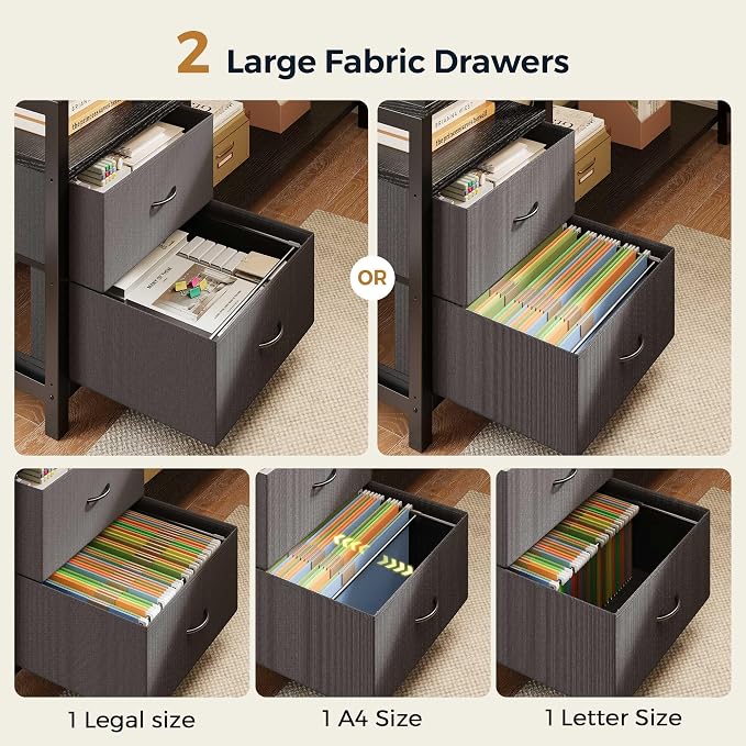 L Shaped Gaming Desk with Fabric Drawers and Power Outlet, Corner Computer Desk with LED-Lit Tempered Glass Display Cabinet, L Shaped Office Desk with Storage,PC Desk for Gaming and Home Office, Black
