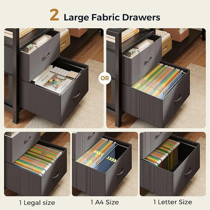 L Shaped Gaming Desk with Fabric Drawers and Power Outlet, Corner Computer Desk with LED-Lit Tempered Glass Display Cabinet, L Shaped Office Desk with Storage,PC Desk for Gaming and Home Office, Black