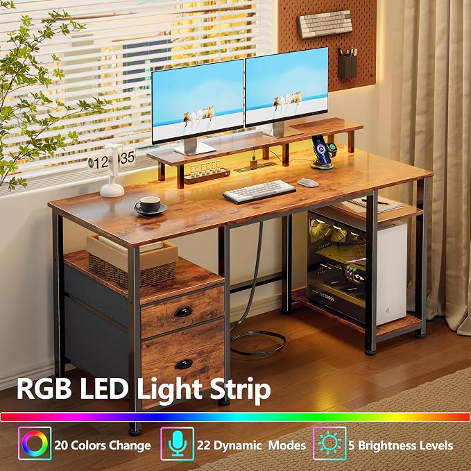 Furologee 51" Computer Desk with Power Outlet and LED Lights, Reversible Home Office Desk with File Cabinet & Monitor Stand, Large Gaming Table with Storage Shelves & Drawer, Rustic Brown
