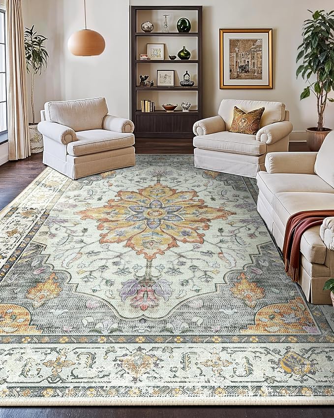 RELEANY Area Rugs Large 10'x14' Washable Non-Slip, Floral Vintage Distress Medallion Carpet for Living Room Bedroom Dining Room, Beige Carbon Grey Orange