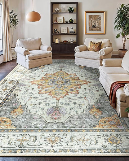 RELEANY Area Rugs Large 10'x14' Washable Non-Slip, Floral Vintage Distress Medallion Carpet for Living Room Bedroom Dining Room, Beige Carbon Grey Orange