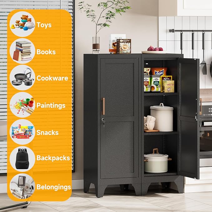 46"H Black Metal Locker Set of 2,Small Locking Cabinet with 1 Door and 2 Adjustable Shelves For Employees,3 Tier Small Storage Cabinet with Detachable Legs for Kitchen, Office,School,Gym,Easy Assembly