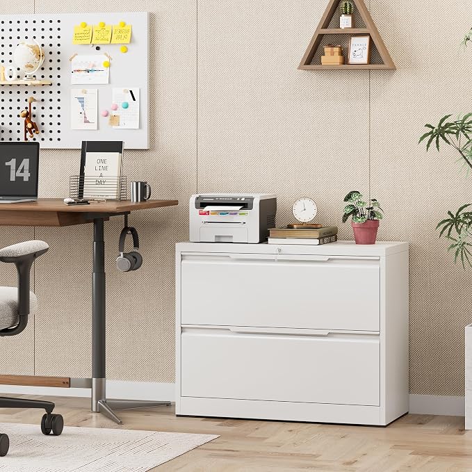 2 Drawer Lateral Metal File Cabinet, Home Office Storage Filing Cabinet with Hanging Bars & Keys, Compatible with Legal Letter A4 F4 Size Hanging Folders,White,Require Assembly
