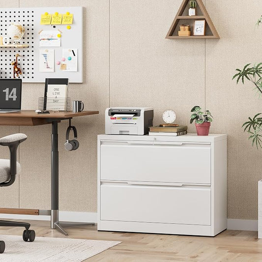2 Drawer Lateral Metal File Cabinet, Home Office Storage Filing Cabinet with Hanging Bars & Keys, Compatible with Legal Letter A4 F4 Size Hanging Folders,White,Require Assembly