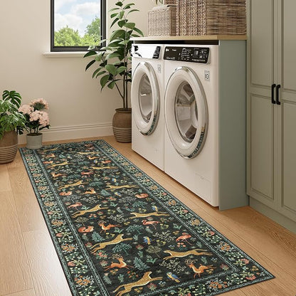 DUKINO Runner Rug, 2x7 Washable Kitchen Rugs for Hallways with Non Slip Backing, Soft Low Pile Vintage Animal Runner for Kitchen, Hallway, Entryway, Laundry, Bedroom, Black