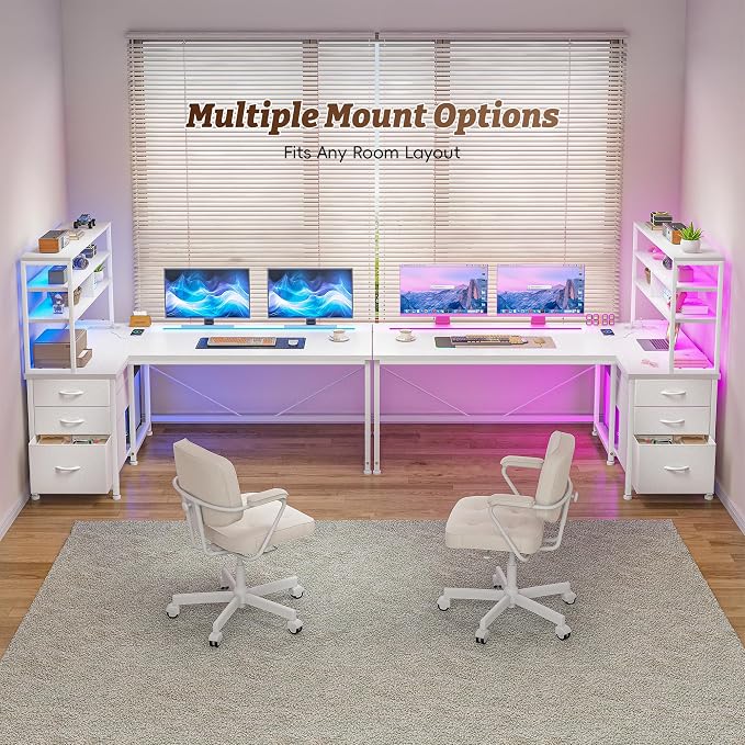 55''L Shaped Desk White Desk with 3 Fabric Drawers & Shelf, 55 Inch Computer Gaming Desk with Remote LED Lights, Power Outlet and PC Stand of Corner Desk for Home Office,Vanity Desk for Bedroom,White