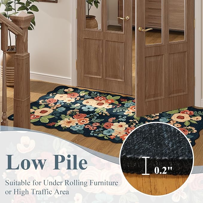 DUKINO 3x8 Washable Runner Rug, Soft Indoor Floral Non Slip Long Runner Rug for Hallways, Lightweight & Low Pile Floor Carpet for Kitchen, Entryway, Hallway, Bathroom, Laundry, Bedroom, Navy Blue