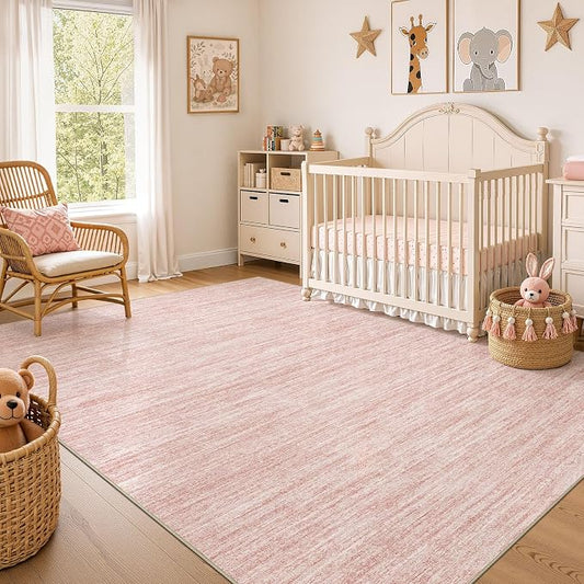 Nakagishi 6X8 Area Rugs Living Room: Washable Large Vintage Rug Neutral Non-Slip Soft Stain Resistant Indoor Carpet for Bedroom Nursery Dining Room Office Playroom - Pink